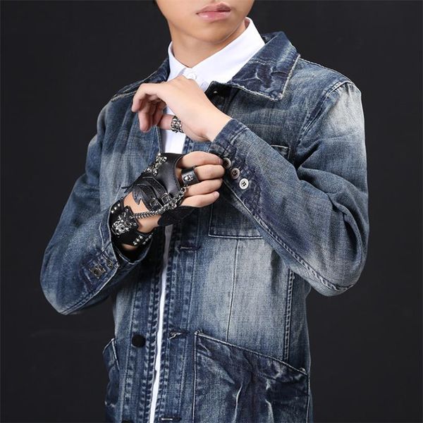 

fashion autumn slim fit denim jacket men multi pockets retro casual jeans jacket coat male vintage coats streetwear plus size, Black;brown