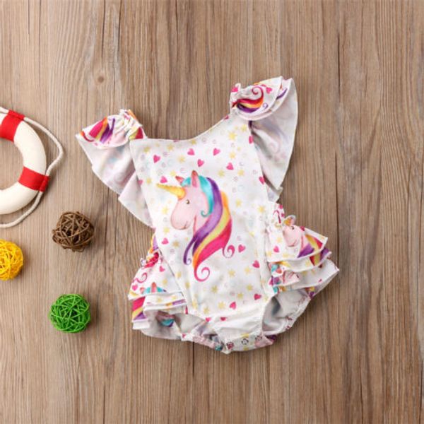 

2018 New Arrival Colorful Unicorn Romper Kid Baby Girls Ruffle Romper Jumpsuit Cotton Newborn Outfit Clothes Sunsuit Summer Hot