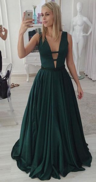

2020 deep v neck dark green prom dresses backless long satin party gowns with beaded waistline a-line evening dresses vestidos de fiesta, Black