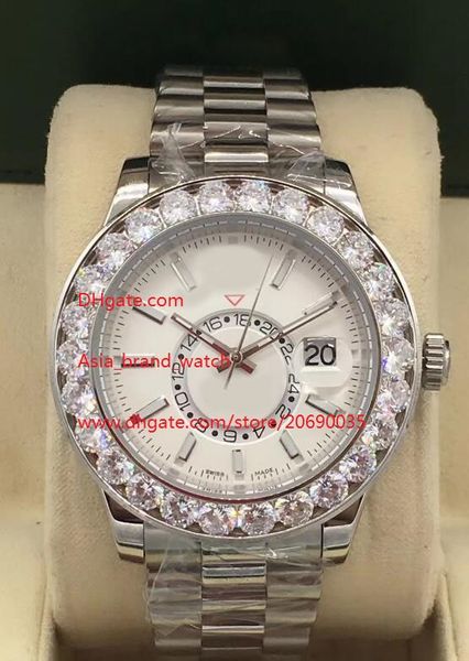 

44mm white dial date gmt working big diamond bezel stainless steel mechanical automatic mens watches, Slivery;brown