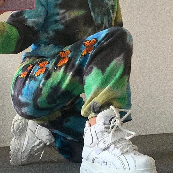 

streetwear contrast graffiti tie dye print embroidery butterfly jogger summer sweatpant harajuku high waist pant women workout, Black;white