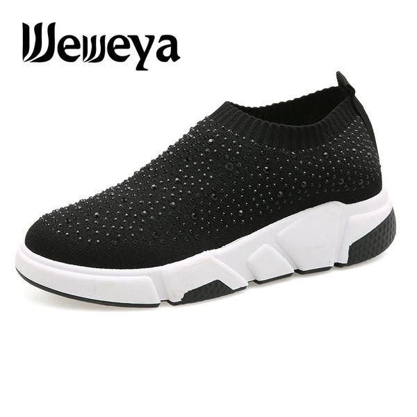 

weweya breathable mesh running shoes for women sock 2018 sport shoes sparkle jogging trainers slip on black sneakers crystal