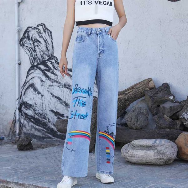 

радужная печать прямые джинсы женщина vintage plus размер mom джинсы женские женские брюки джинсовые брюки сыпучие mujer, Blue