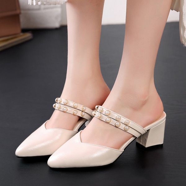 

pxelena outdoor women summer slippers square chunky block high heels mules slides pointy toe pearl beads slides large size 34-43, Black