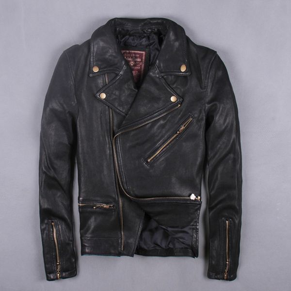 

spring tanned sheepskin lapel genuine leather jacket men slim fitted leather motorcycle jacket men short biker jacket for mail, Black
