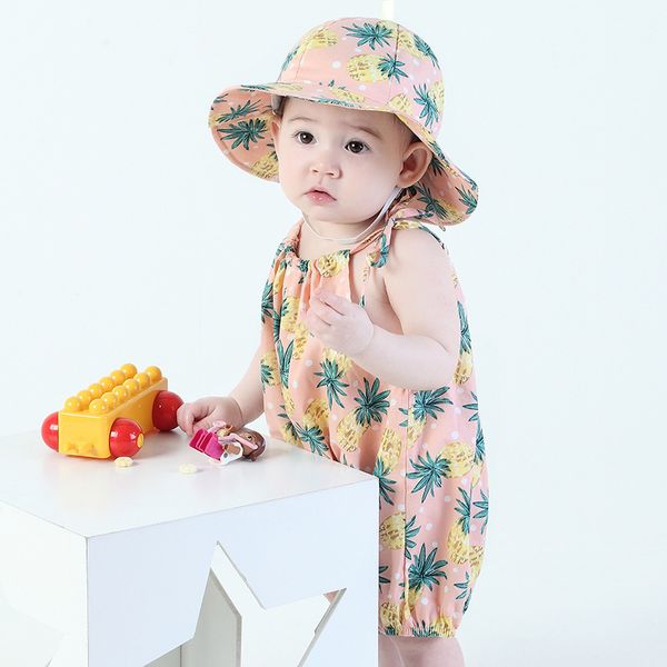 

korean toddler baby girl sets hat&romper print sweet overalls baby clothings y200704, Blue