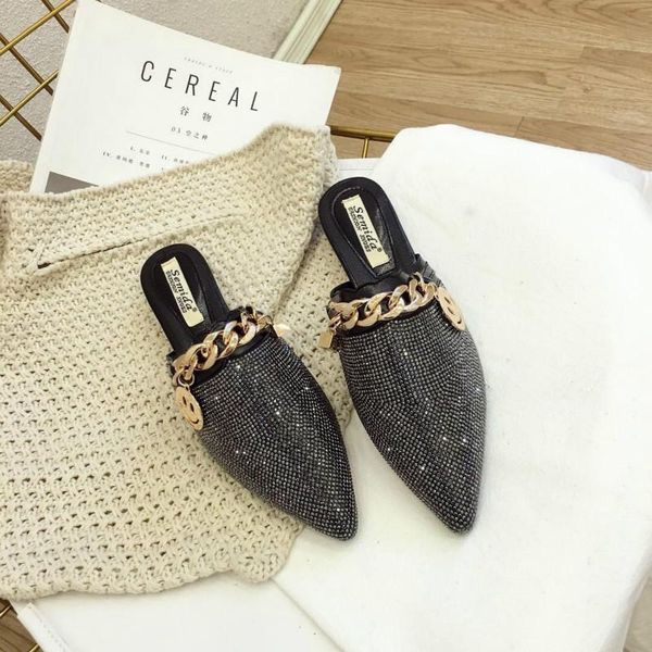 

women slipper pointed toe crystal flat comfort shoes female half slippers casual basic spring autumn outside slippers, Black