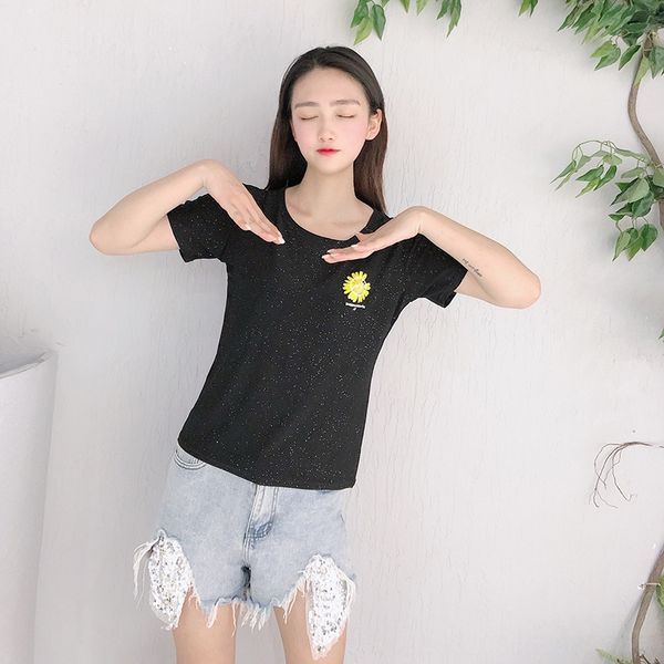 

round collar t-shirt female starry sky flashing short sleeve letter coat t-shirt slim clavicle scheming ins fashion, White