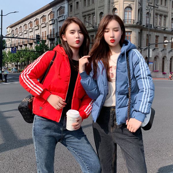 

mydc 2019 winter clothes student loose cotton-padded fashion striped contrast color sleeves women short solid color jacket, Black