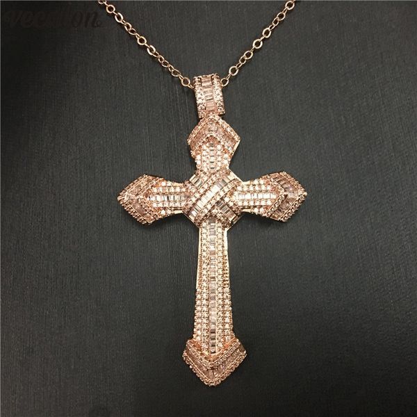 Vecalon Hiphop Big Cross Подвеска розовое золото заполнено 925 Серебряные бриллианты Свадебные подвески с ожерельем для женщин -ювелирных из ювелирных изделий