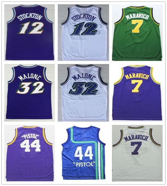 Высокое качество John 12 Stockton Jersey Retro Purple White Karl 32 Malone Basketball 7 Pistol 44 Pete Maravich Jerseys College Shirts