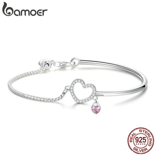 

bamoer romantic new 100% 925 sterling silver heart pink cz chain link bangles bracelets for women sterling silver jewelry scb117 j190722, Golden;silver