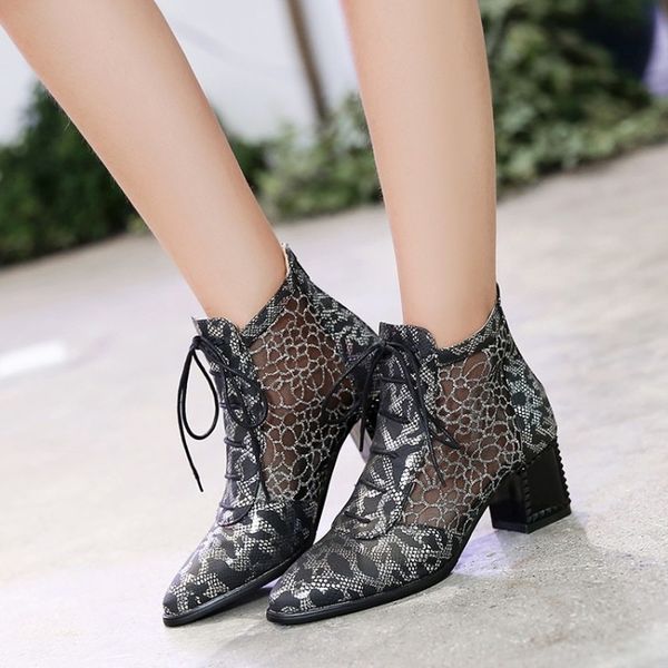 

2020 new women's summer boots fashion womens ankle boots mesh shoes high heels pumps lace up shoe female black size 31-43