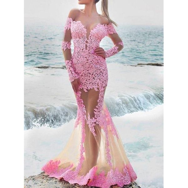 

girls pink lace appliques mermaid prom gown off shoulder long sleeve evening dresses plus size vestido de noche formal party gowns, Black