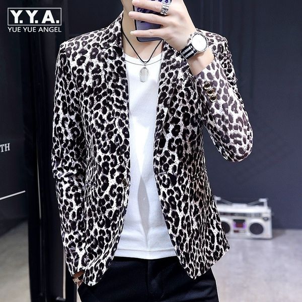 

men leopard print blazer night club casual single breasted suit jacket high street autumn long sleeve slim fit male outerwear, White;black