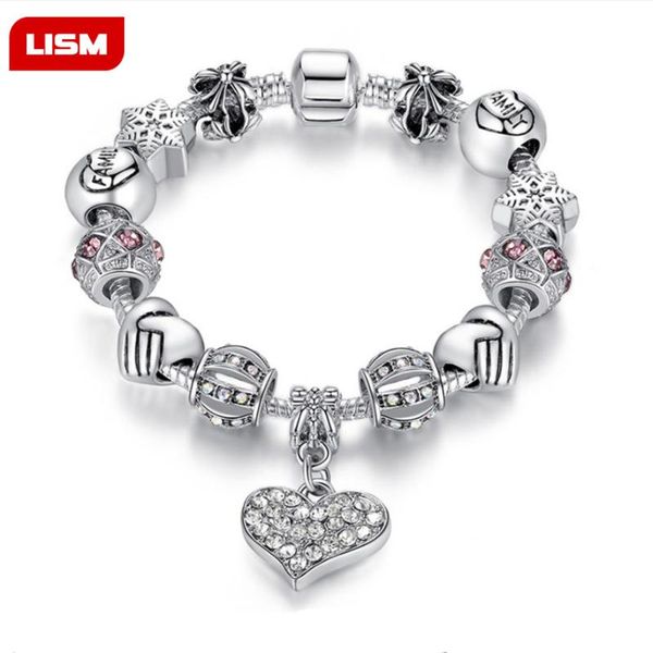 

women bracelet silver color crystal charm bracelet for women diy 925 beads bracelets & bangles jewelry gift, Black
