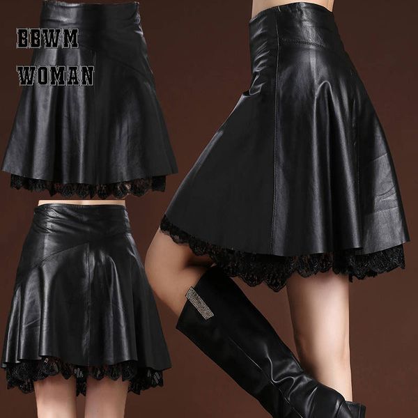 

leather skirt female a word plus size above knee high waist pleated autumn winter super fire skirt zo944, Black