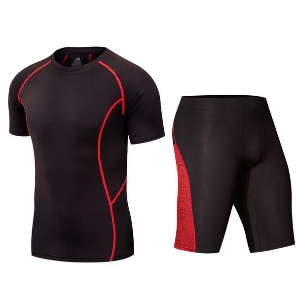 

men's running sets quick dry short sleeve shirt+shorts 2pcs sports clothes gym fitness workout tights clothing men jogging suits, Black;blue