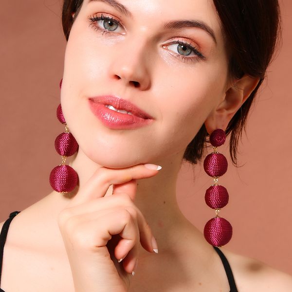 

hyperbole two-color caddice balls pom pom earrings dark green&red round women earrings 2019 long earrings ethnic fashion jewelry, Silver