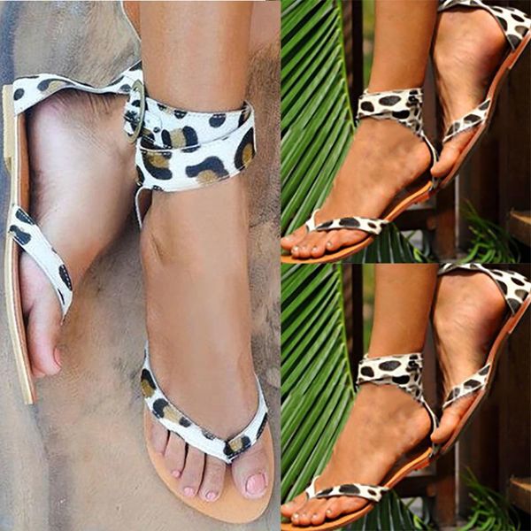

summer flat sandals for women fashion casual leopard printed flip-flops beach buckle sandals d30, Black