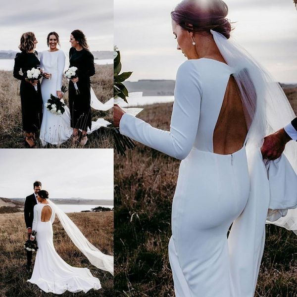 

modest bohemian jewel neck long sleeve mermaid wedding dresses satin hollow wedding gowns sweep train robe de mariÃ©e, White