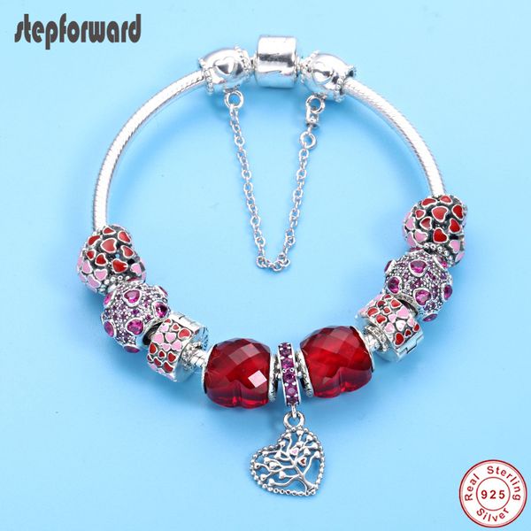 

step forward red series heart charm bracelet solid 925 sterling silver bracelets bangles for women cz paved fashion jewelry gift, Black