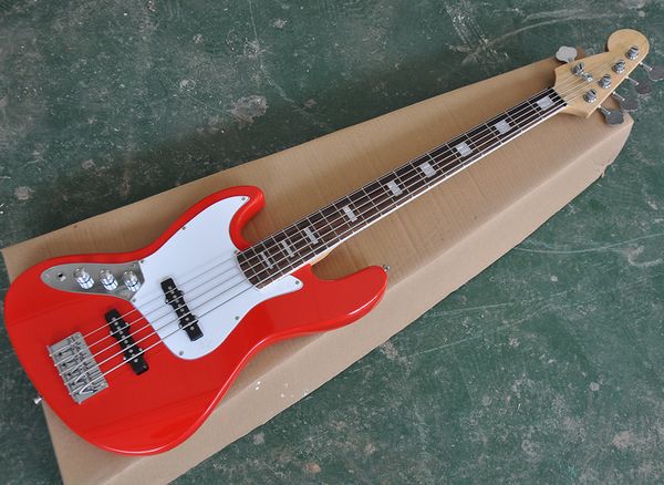 Orangeroter 5-saitiger E-Bass für Linkshänder mit weißem Schlagbrett, Palisandergriffbrett mit weißer Einfassung