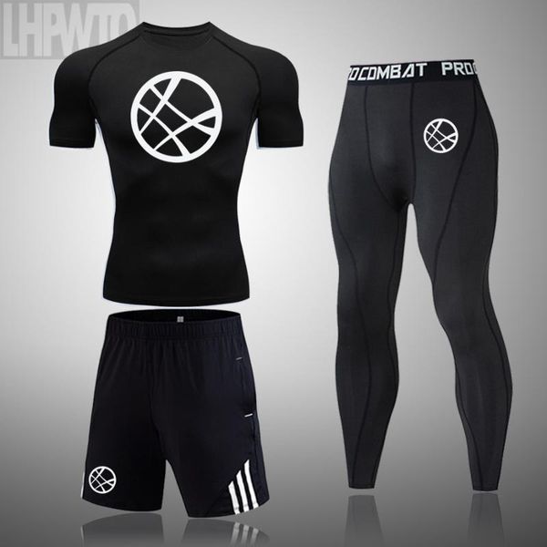 

strange men running set compression sports suit basketball jogging tights running clothes gym fitness training sportswear, Black;blue