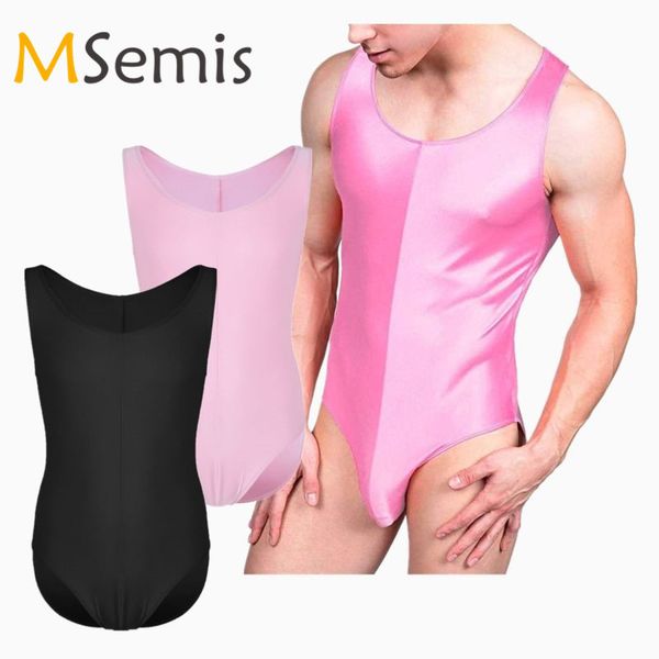 

mens ballet dancewear bodystocking thong leotard one-piece sleeveless scoop neck stretch solid smooth bodysuit for sport dancing, Black;red