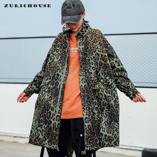 

zurichouse 2020 women's trench fashion camouflage leopard print denim coat female loose spring windbreaker long coat, Tan;black