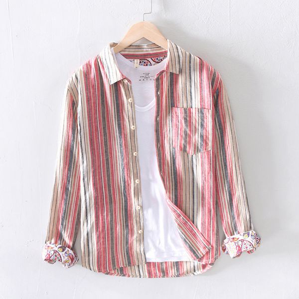 

men's casual shirts men spring summer fashion japan harajuku simple style high end linen striped male double side printed chic, White;black