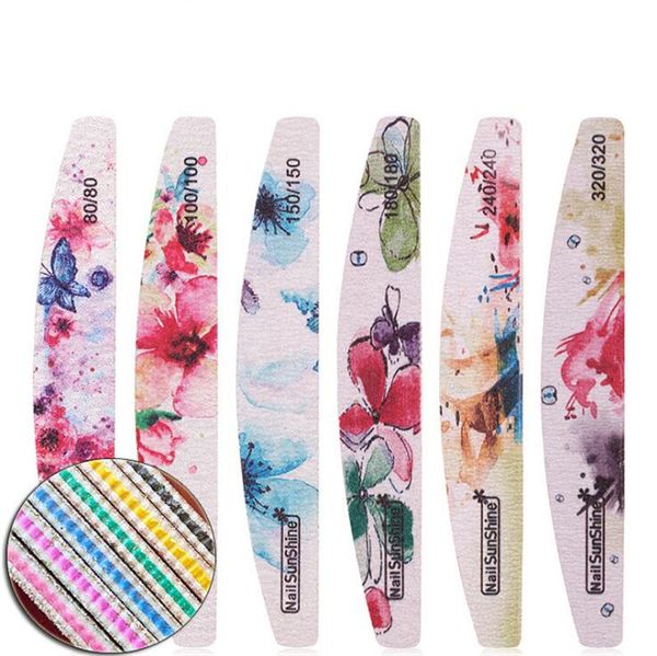 Impressão de moda frente e verso Arquivo de prego Sandpaper Meia Moon Nailfile Impresso Tiras polidas 80/100/150/180/240/320 Navio grátis 100 pcs