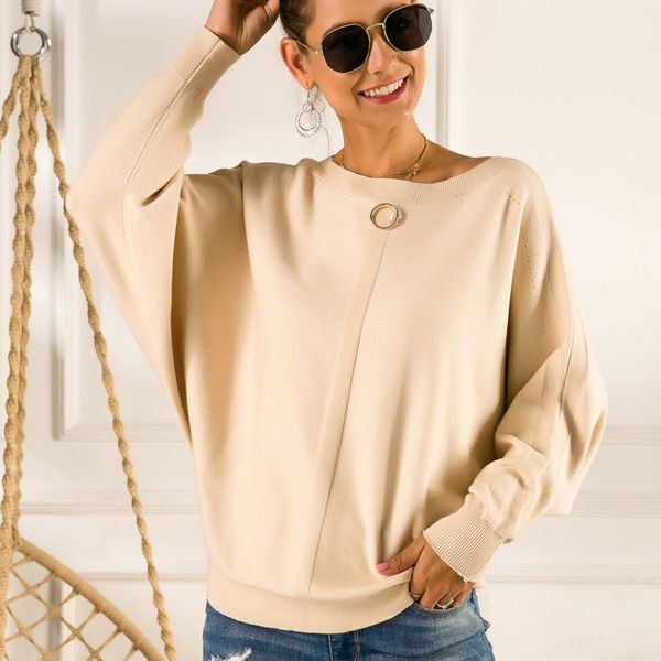 

autumn winter bat sleeve collar loop button loose solid straight neck sweater women plus size pullover women knitted sweater, White;black