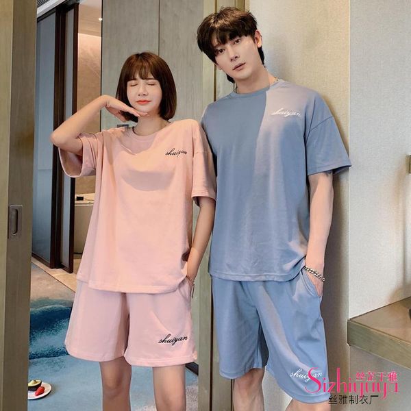 

women's sleepwear 2021 summer short sleeve cotton breathable couple tracksuit set casual pajamas for men and women home suit, Black;red