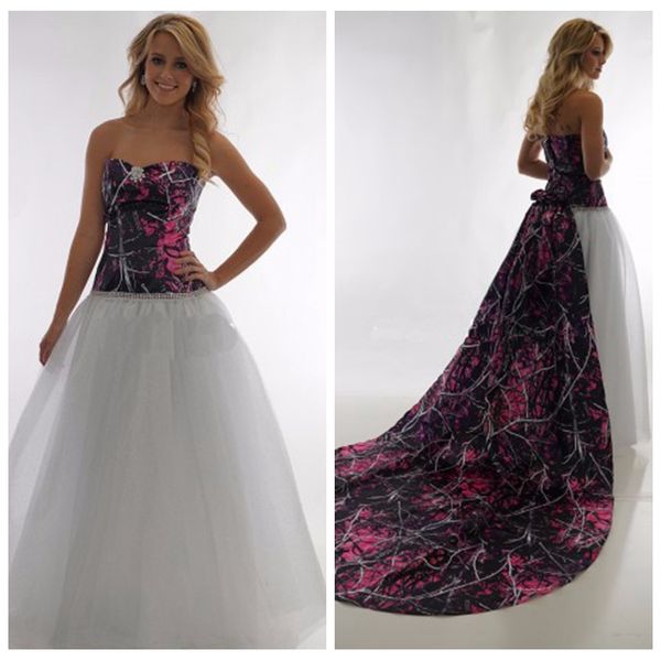 

2019 sweetheart a-line camo muddy girl wedding dresses camouflage custom plus size bridal gowns real tree countryside detachable train, White