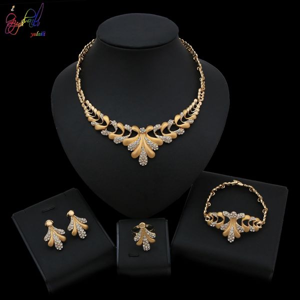 

yulaili classic rhinestone crystal necklace earrings bracelet ring nigerian wedding party women fashion jewelry sets wholesale, Silver