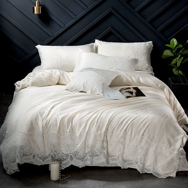 

new washed silk pure colour lace bedding set glitter stone duvet cover set bed sheet pillowcases  king size 4pcs