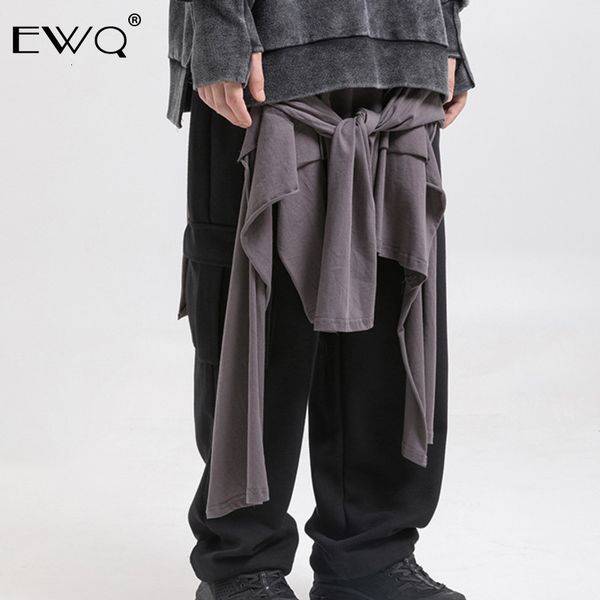 

ewq / 2019 new fashion autumn drawstring fake two pieces high street stitching cloth pants men loose casual tide trousers 9a213, Black