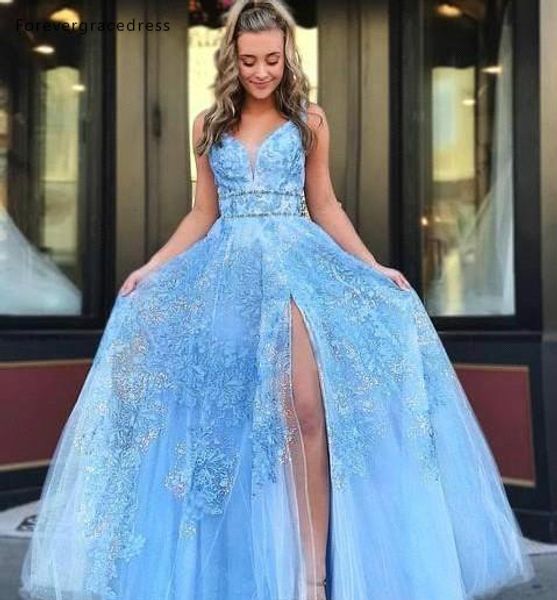 

sky blue prom dresses 2019 a line appliques split pageant holidays graduation wear formal evening party gowns plus size, White;black