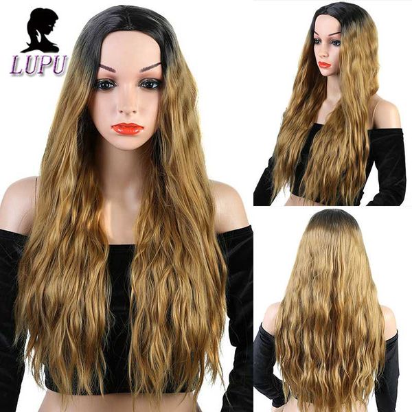 

synthetic wigs lupu long wavy ombre blonde middle part cosplay natural fake hair for women high temperture fiber, Black