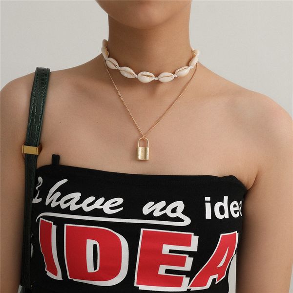 

10pcs/lot simple beach handmade necklace national style shell lock pendant necklaces for women double layer neck chain jewelry, Silver