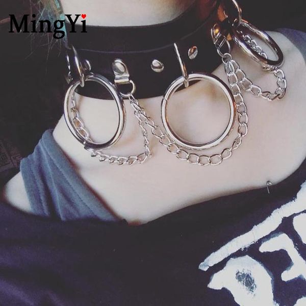 

punk leather big metal o-ring choker gothic silver chain collar black leather necklace female choker festival party jewelry, Golden;silver