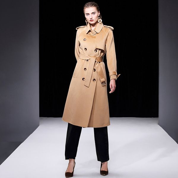 

2019 winter korean fashion high-end plus size water-corrugated cashmere overcoat women double-sided wool pink long wool coat, Black