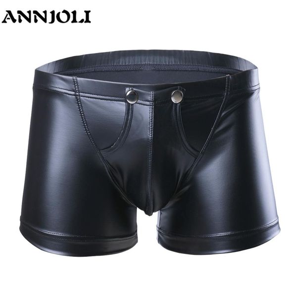 

annjoli new arrival fashion men lingerie faux leather button shorts underpants button with bulge pouch nightwear underwear, Black;white