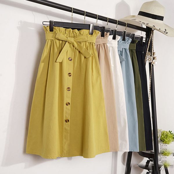 

2019 womens skirts mid-calf elegant button high waist skirt female a-line skirt plus size femininas faldas mujer, Black