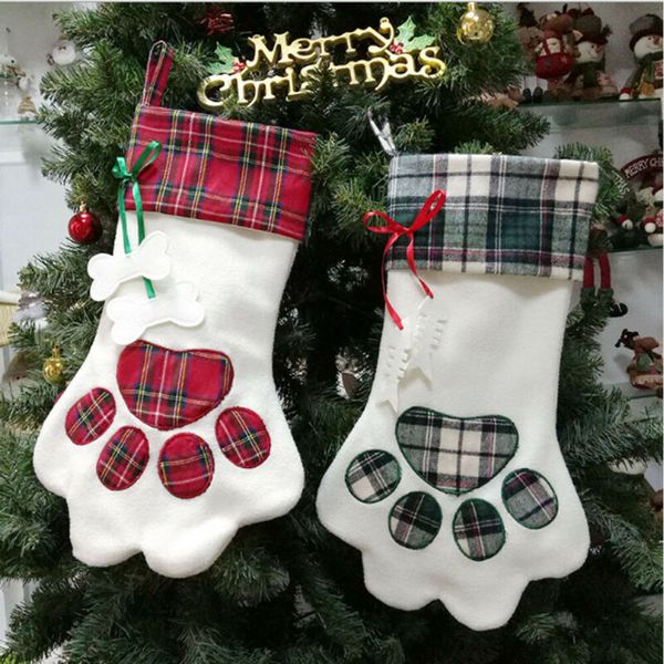 

new pet christmas stocking dog paw plaid santaclaus candy gift bag xmas tree hanging