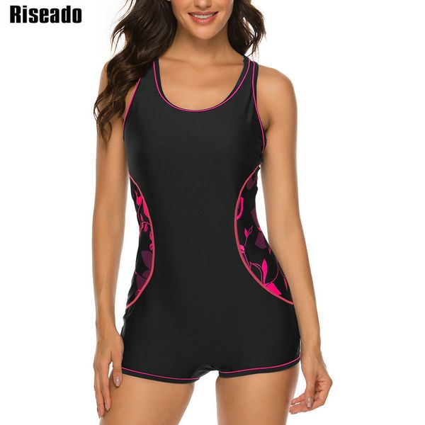 

riseado new printing sport one piece swimsuit competitive swim wear black patchwork bathing suit boyleg swimming suit 2020, White;black