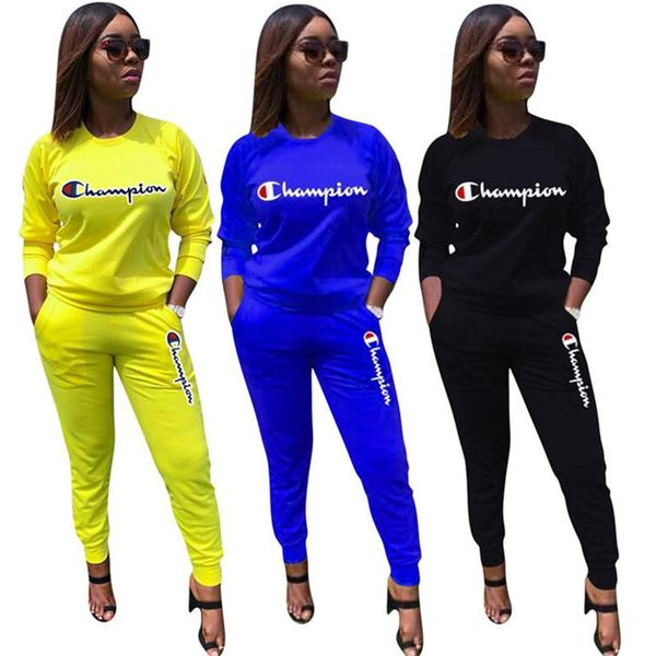 

women champion letter two piece outfits long sleeve t shirt hoodies + pants leggings tracksuit spring o-neck sweatshirt sportswear suit gift, White