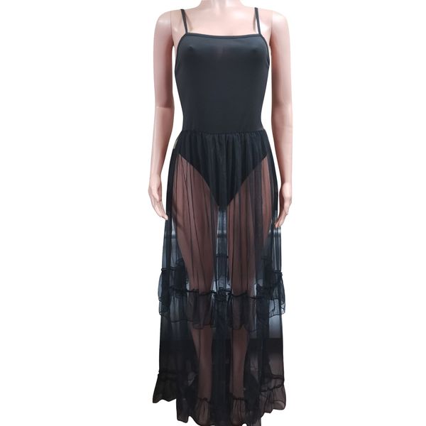

women mesh sheer see through blouse tulle lace midi long dress sundress, Blue;gray