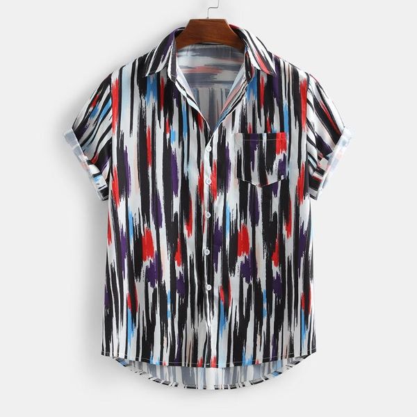 

мужская свободная многоцветная печать комок нагрудный карман короткий рукав круглый подол рубашки отложной воротник уличная одежда camisas d, White;black